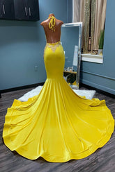Newinlook Yellow Halter Sleeveless Beading Mermaid Evening Dress